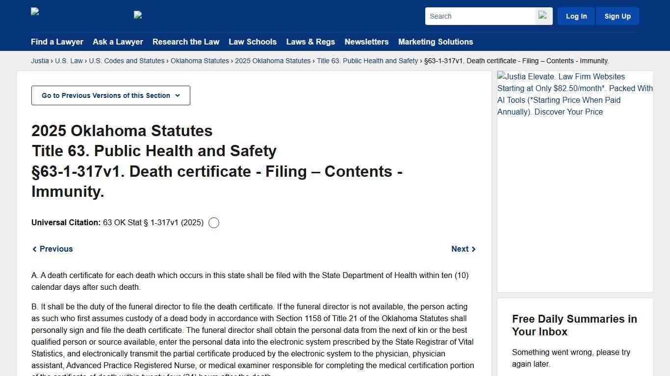 Oklahoma Statutes §63-1-317v1 (2025) - Death certificate - Filing – Contents - Immunity. :: 2025 Oklahoma Statutes :: U.S. Codes and Statutes :: U.S. Law :: Justia