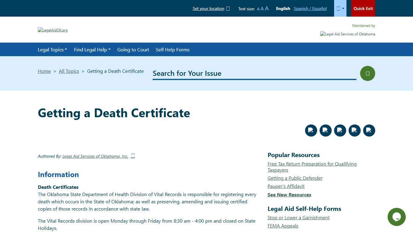 Getting a Death Certificate Welcome to Legal Aid Services of Oklahoma's guide to free legal help in Oklahoma.